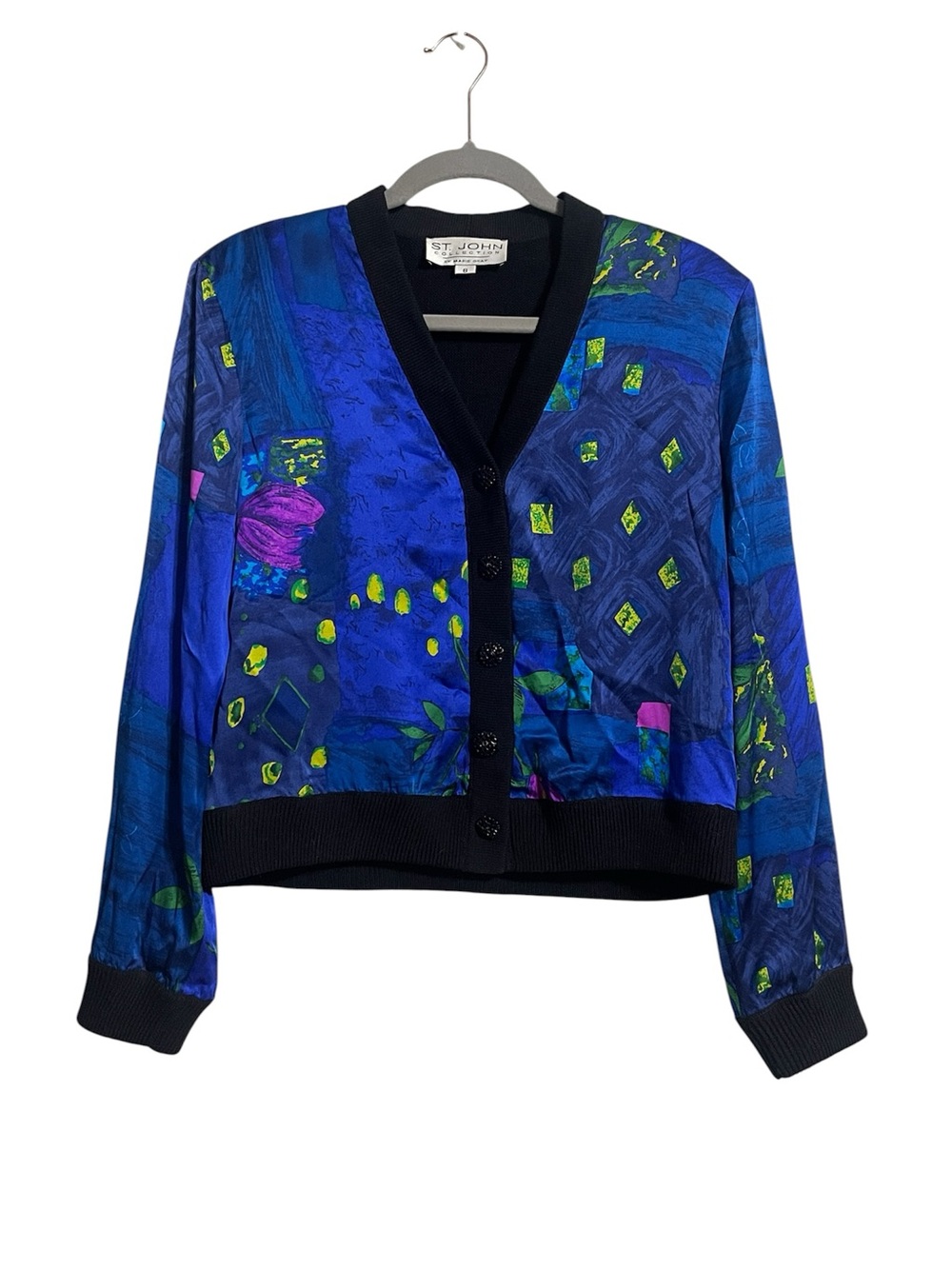 St. John Collection Blue Abstract Print Silk & Santana Knit Cardigan Jacket